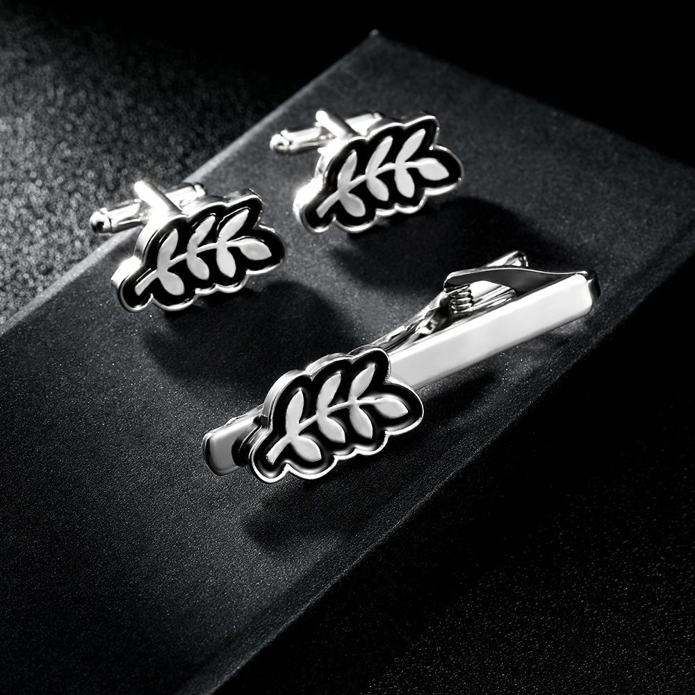 simple leaf cufflinks men's business French shirt cuff nails tie clip set gift box ready to buy_voghion.com