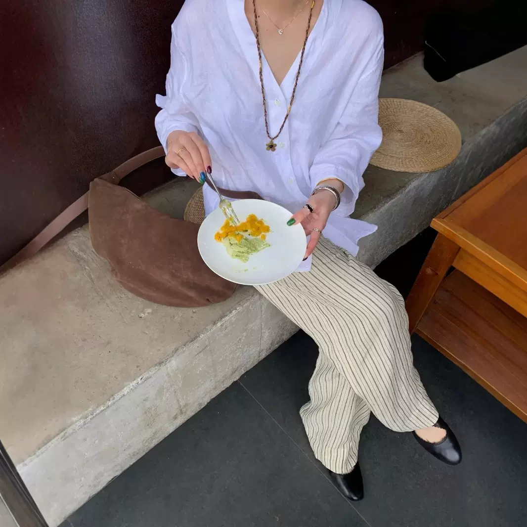 法式100%亚麻慵懒松弛感宽松长袖V领亚麻衬衫上衣女白色新款5507