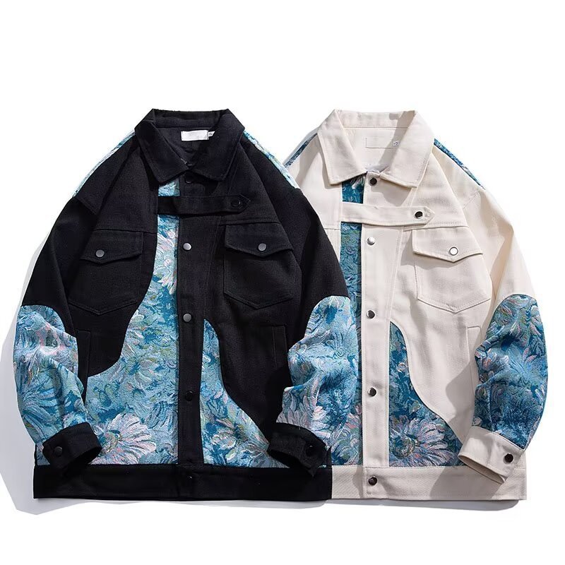 아메리칸 레트로 자수 스플라이싱 워크 재킷 남성 봄, 가을 트렌디 브랜드 힙합 bf 루즈 커플 캐주얼 재킷