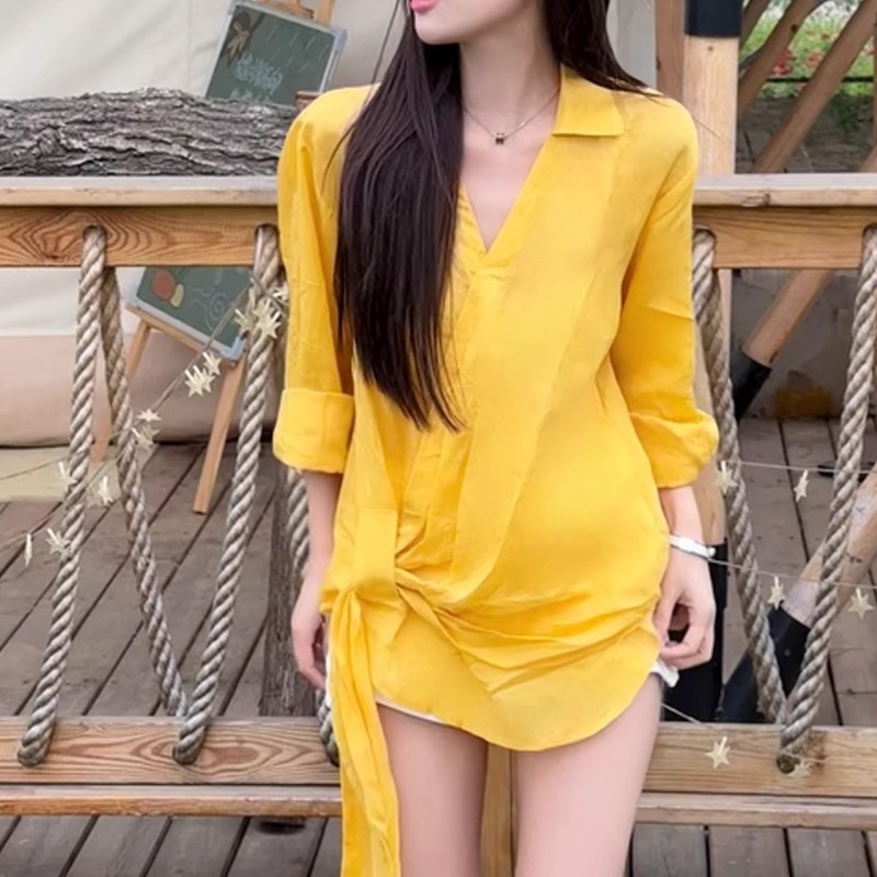 黄色亚麻防晒衬衫女夏季设计感气质衬衣慵懒风宽松上衣POLO领长袖|undefined
