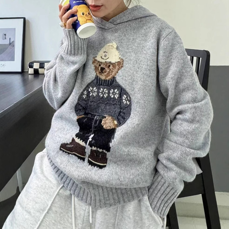 24 Fall/Winter Ralph Lauren American Style Snow Hooded Heavy Industry Cartoon Bear Sweater Wool Knitwear for Men and Women