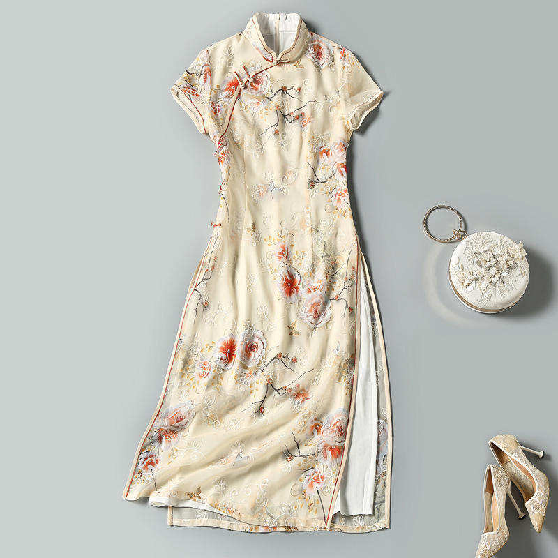 2021温柔风雪纺印花刺绣修身短袖包边改良版少女旗袍连衣裙子复古