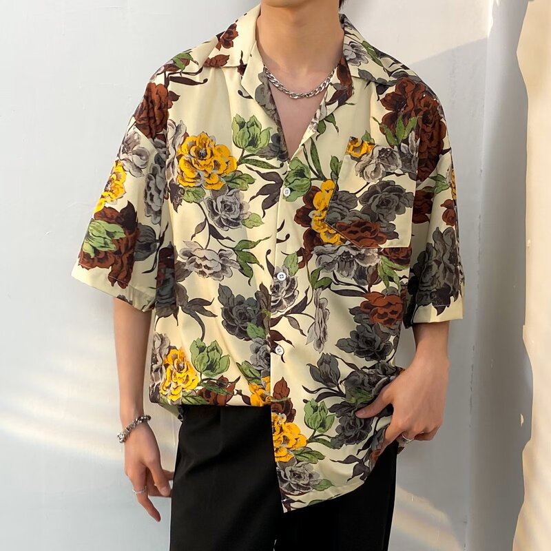 Japanese-Style Full-Print Retro Floral Shirt Men's Short-Sleeve Summer Hong Kong Style Ins Loose Hawaiian Trendy Couple Floral Shirt H