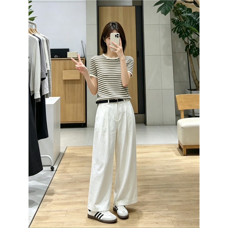 MM wheat series 2026 new summer style light coffee and paper yarn breathable right shoulder short-sleeved sweater for women 5H5932152 2