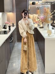 秋季新款中式设计款茧型提花刺绣外套+高腰丝绒直筒休闲裤两件套