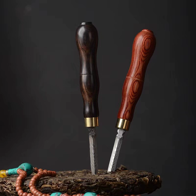 Заводская поставка Черное дерево Палисандр Дамасский узор Сталь поддевать черный и белый чай Пуэр чайный нож