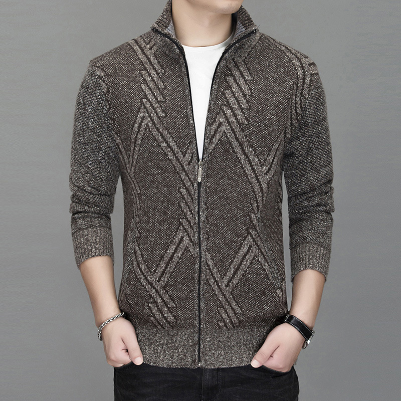 Chaqueta de invierno transfronteriza suéter de los hombres de manga larga collar de pie forrado de lana gruesa de los hombres suéter jacquard chaqueta de los hombres