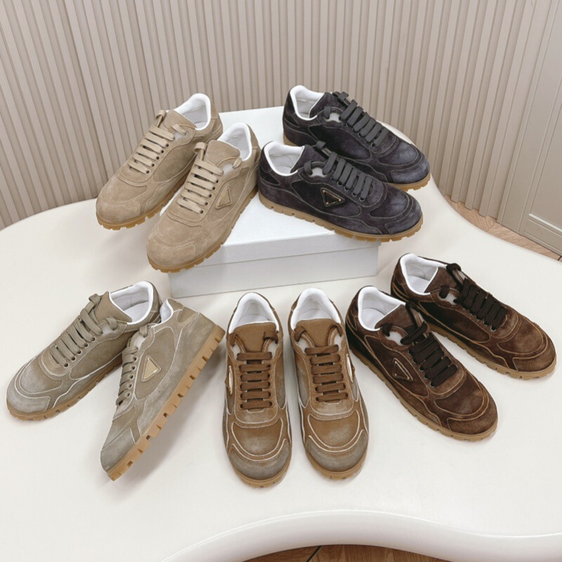 Triangular Logo Retro Fashion Moral Training Shoes Round Toe Lace-Up Brown Suede Color Rub Low-Top Flat Casual Sports Shoes for Women