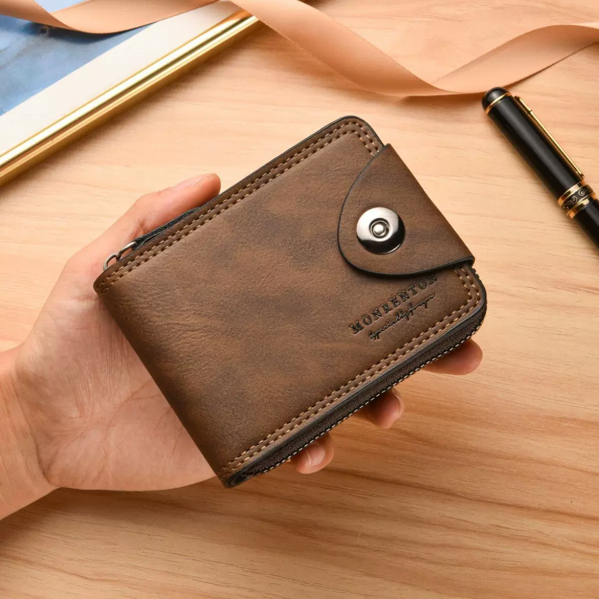 厂家批发货源复古男短款磁扣钱包商务休闲多卡位钱夹拉链钱包抖音