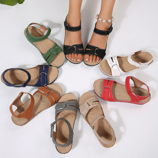2025 New Cross-Border Foreign Trade Wedge Sandals for Women with Velcro Fish Mouth Thick Sole Large Size One-Strap Sandals Wholesale
