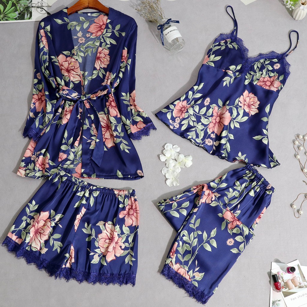 Fábrica al por mayor pijamas de las mujeres imitación Honda dormir suelto cómodo encaje cinco piezas conjunto ropa interior camisón entrega