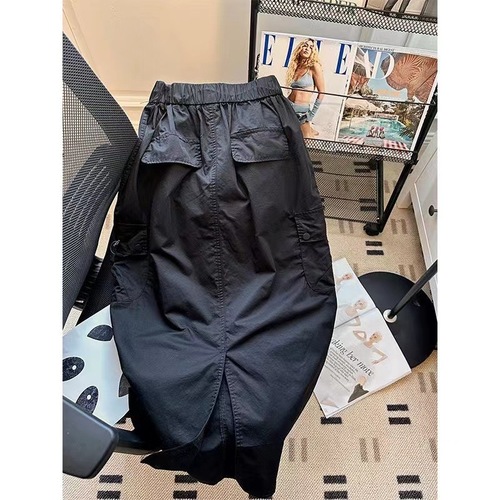 Women's Loose Fit American Workwear Skirt with Elastic Waist and Drawstring, Casual and Versatile A-Line Medium-Length Skirt with Slits