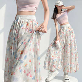 实拍 彩色花苞阔腿裤女夏季高腰垂感小个子直筒灯笼休闲冰丝裙裤