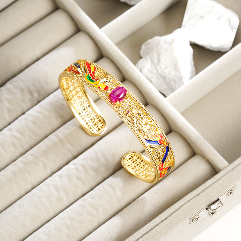 Gufasha oro galvanizado 18k pulsera de oro de la marea nacional micro incrustación goteo de aceite Phoenix abertura pulsera de joyas retro niños al por mayor