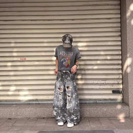 潮牌帅气星星满印破洞牛仔裤男春夏季高街设计感复古宽松休闲裤子