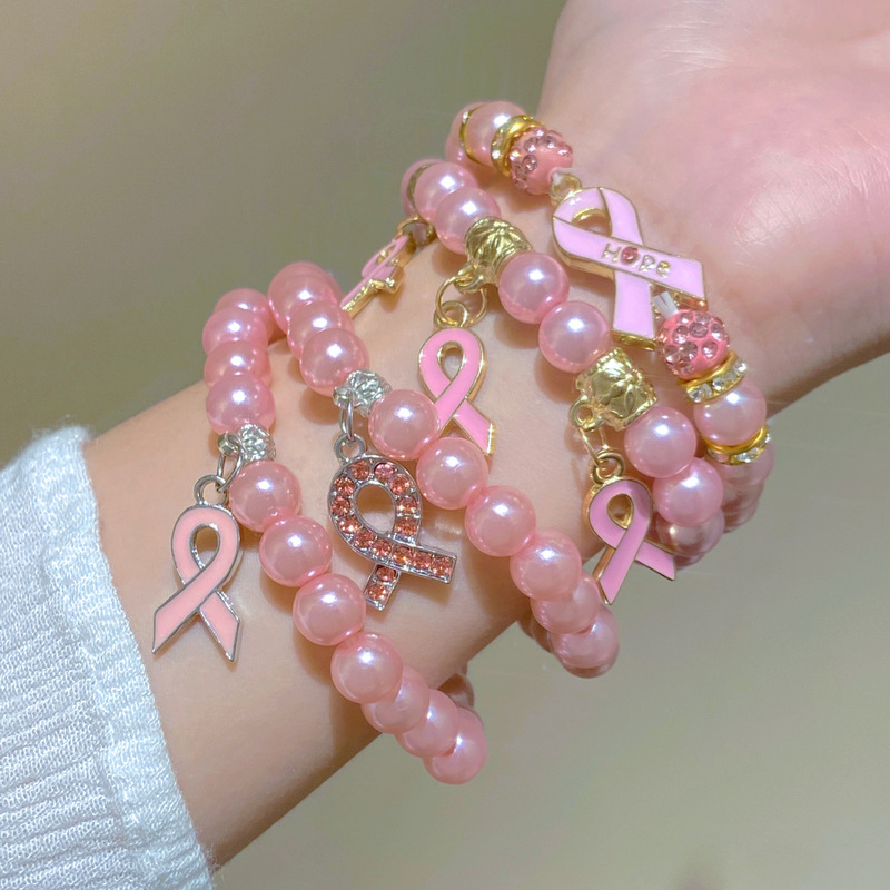 Bracelet Cancer Bracelet Holiday Gift Breast Logo Pink Ribbon Pendant Rhodochrosite Bracelet