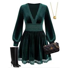 C 37251 Velvet Long Sleeve Dress ˿�޳�������ȹ �羳ŷ��