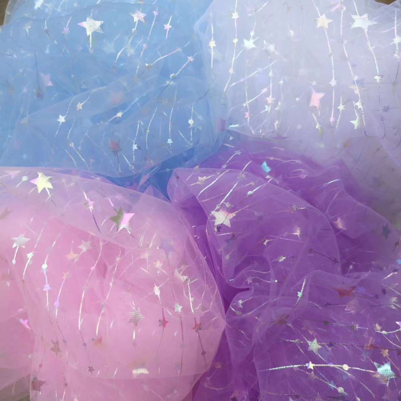 时尚条纹星烫金网纱布背景服装装饰道具个性五角星纯色网眼纱面料