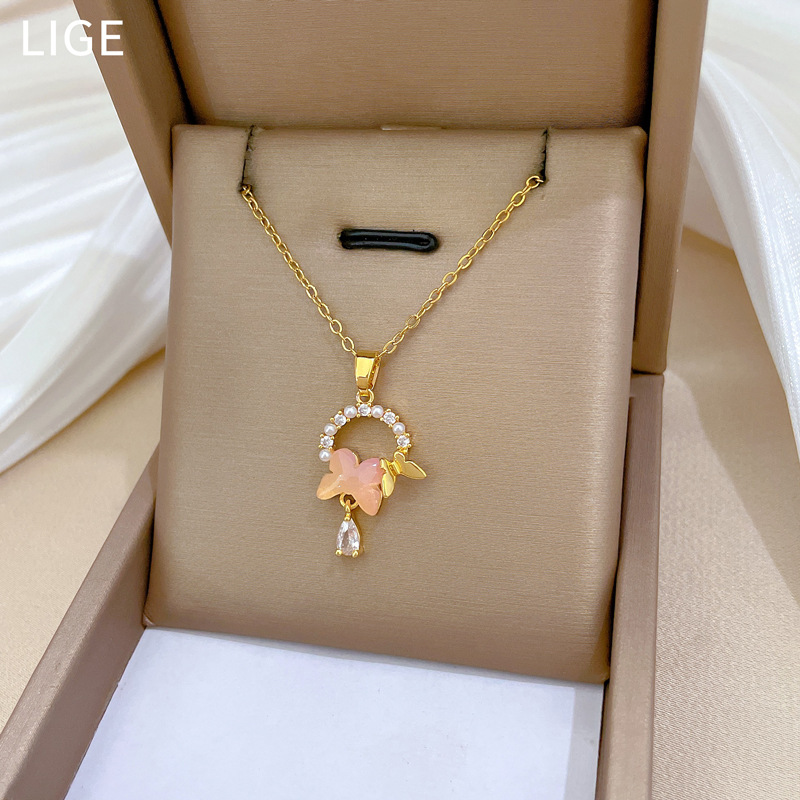 Perlen Schmetterling Diamant Halskette Elegante Kette Für Damen_voghion.com
