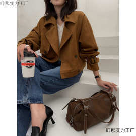 麂皮绒韩国2025秋冬小众复古翻领感气质麂皮绒短款双排扣风衣外套