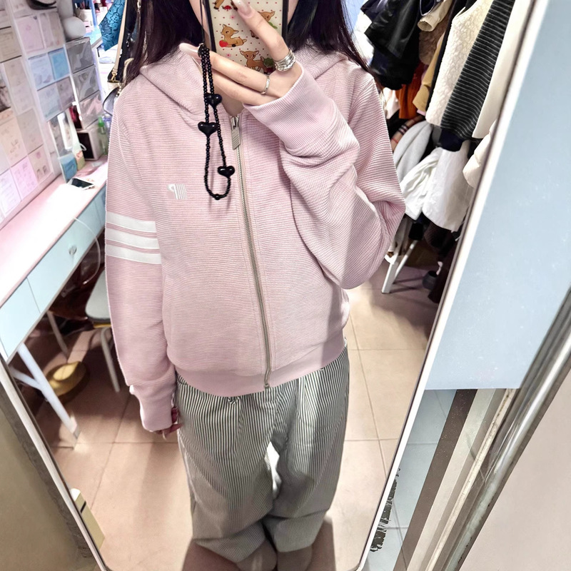 Patchwork Striped Waffle Knit Cardigan Zip-Up Sweatshirt for Women, Loose Fit, Trendy Early Spring Korean Style Jacket Patchwork Striped Waffle Knit Cardigan Zip-Up Sweatshirt for Women, Loose Fit, Trendy Early Spring Korean Style Jacket