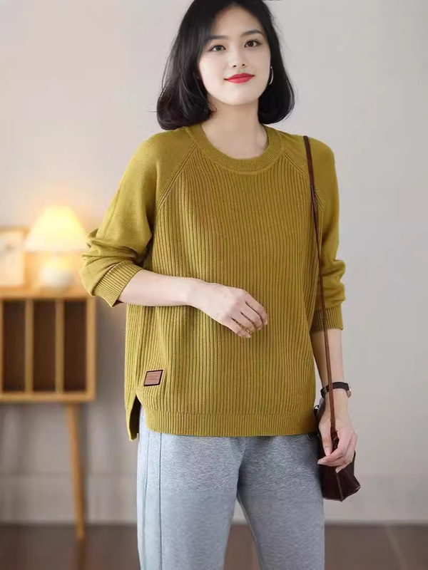 秋冬セーターの女性の新しい丸首を大きくして、大きなサイズの純色の上着を隠します。|undefined