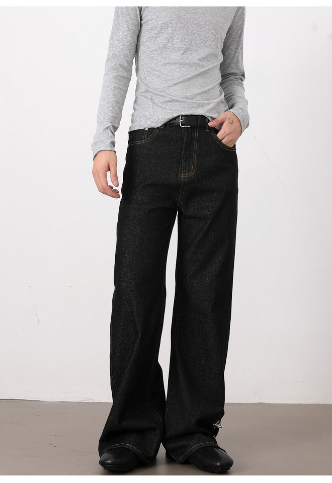 Quần jeans nam ống loe nhẹ denim thô đen, cạp vừa, dáng cơ bản, dài quần — Denim đen chi tiết 17