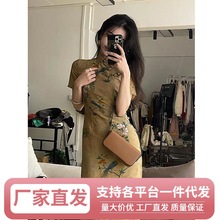 Wz改良旗袍气质印花复古连衣裙女盘扣开叉修身中长款短