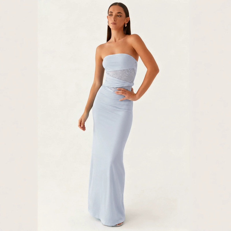 G26D430 Cross-border internet celebrity style strapless tube top long dress with lace splicing at the waist, sheer twisted knot bodycon dress