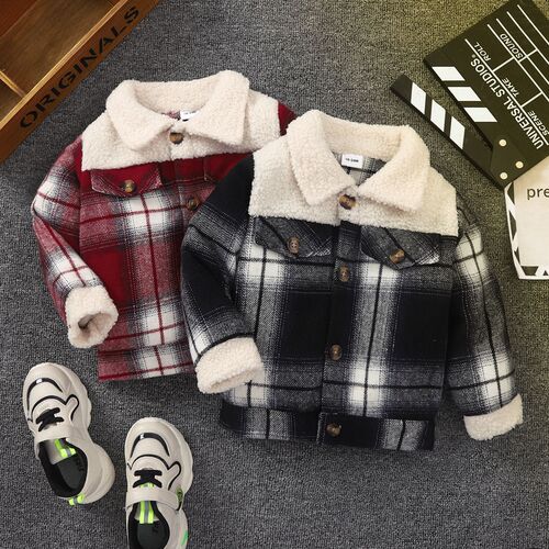 INS Kids' Spring and Autumn Collarless Plaid Padded Lapel Single-Breasted Fleece Casual Jacket for Boys