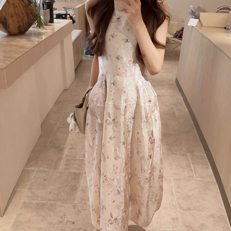 Spring and Serenity: Linen Crinkled Floral Print Three-Dimensional Flower Bud Dress, New Summer Style Sleeveless Waist-Cinching Tank Long Dress Spring and Serenity: Linen Crinkled Floral Print Three-Dimensional Flower Bud Dress, New Summer Style Sleeveless Waist-Cinching Tank Long Dress
