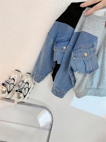 Boys Korean style denim spliced ​​sleeve loose sweatshirt  spring and autumn new style casual pullover for children and middle-aged children