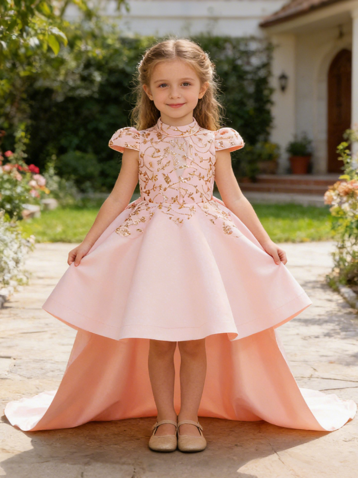Europa y América vestidos de niñas satin gran cola desmontable vestidos de flores tridimensionales vestidos de princesa de cumpleaños para niños vestidos de princesa