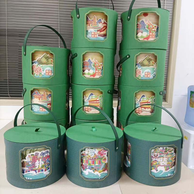 粽子智能转动礼品盒空盒定端午节手提式圆筒包装盒制送礼圆形礼盒