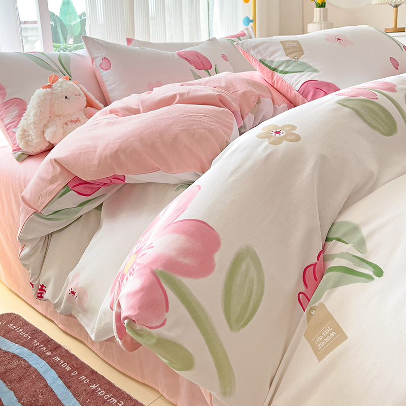 Personalizado en fábrica, sábanas de algodón de algodón de clase A, juego de cuatro piezas, cama de dormitorio de estudiantes floral, juego de tres piezas, funda de edredón, sábana
