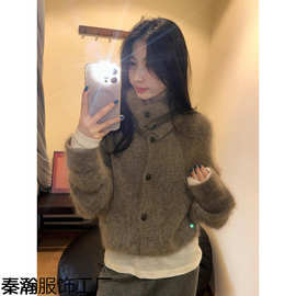 慵懒风驼色仿马海毛高领针织开衫女秋冬软糯奶fufu毛衣外套宽松上