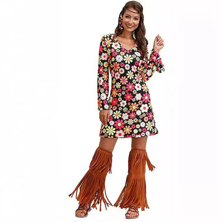 2026 Amazon Halloween Cross-Border Women's Clothing 1970S 1980S Hippie Clothing Printed Dress