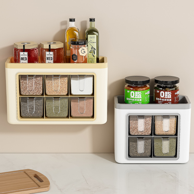 Caja de condimentos colgante en la pared juego combinado doméstico cocina sin perforación, condimento de sal y pimienta, lata de condimento de plástico multifuncional