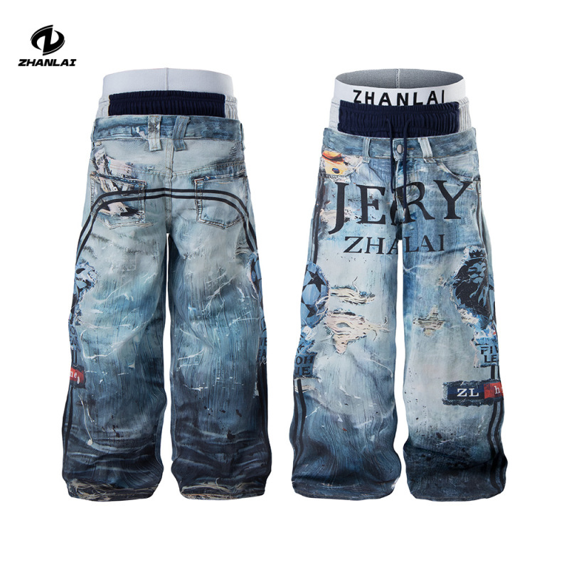 Zhanlai American High Street Style Full-Print 3D Graffiti Jeans Unisex Straight Loose Trendy Wide-Leg Pants Zhanlai American High Street Style Full-Print 3D Graffiti Jeans Unisex Straight Loose Trendy Wide-Leg Pants