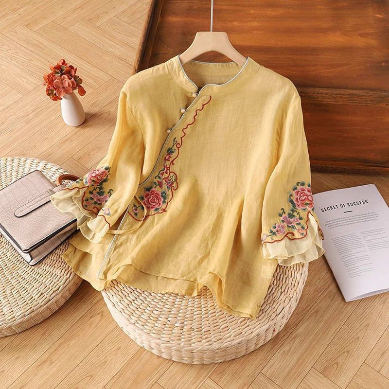 Summer Cotton and Linen Slant Placket Embroidered Button National Style New Style Ethnic Top Women's Retro Artistic Tea Clothing Seven-point Sleeve Shirt