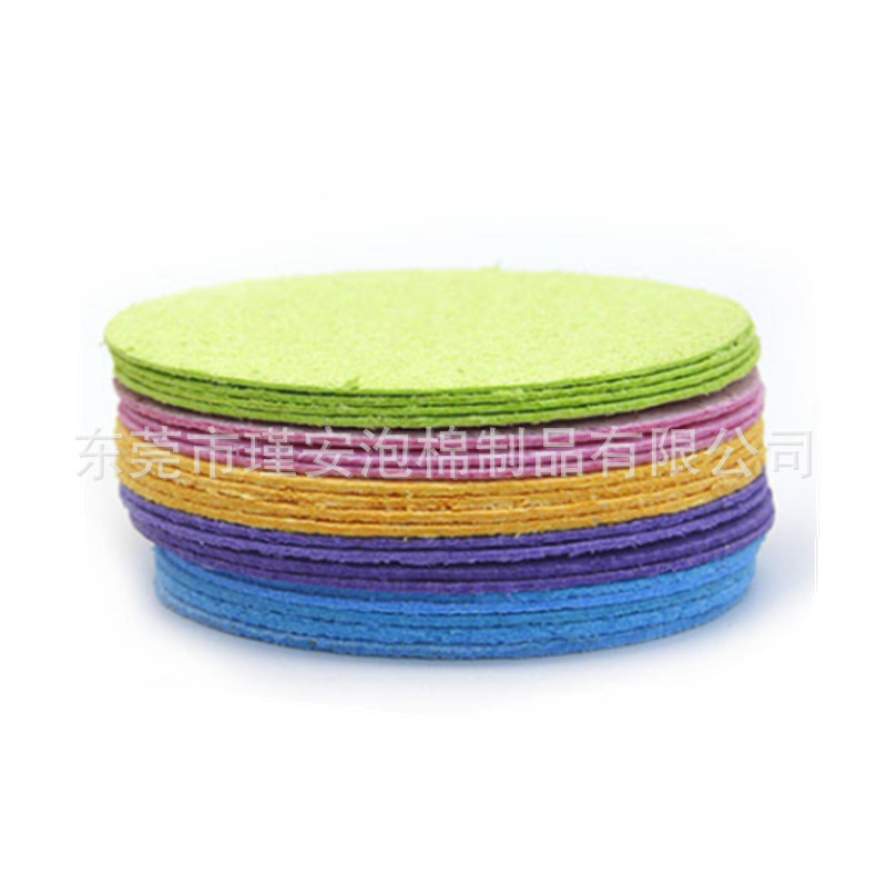 Dongguan supply wood pulp cotton compressed dry slices color round kitchen household cleaning dishwashing cloth bath sponge