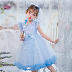 Elsa Princess One-Piece 2023 Summer New Arrival Girls' High-Quality June 1st Birthday Feather-Flared Baby Net Dress