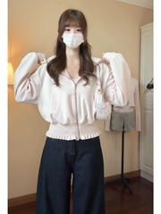 纯欲甜美风木耳边接拼拉链开衫外套女秋季设计感打揽短款宽松上衣