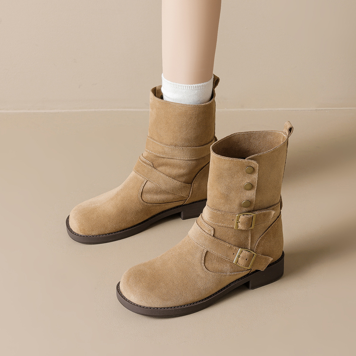 Waiwai Girl 5732-2 Belt Buckle Melard Thick-Soled Short Boots for Women, Autumn and Winter Retro Slimming Height-Increasing Martin Boots