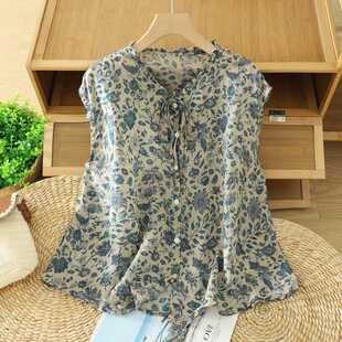 Real Shot of 2025 Retro Printed Fungus Collar Lace-Up Ramie Sleeveless Shirt Floral Literary Versatile Thin Top for Women