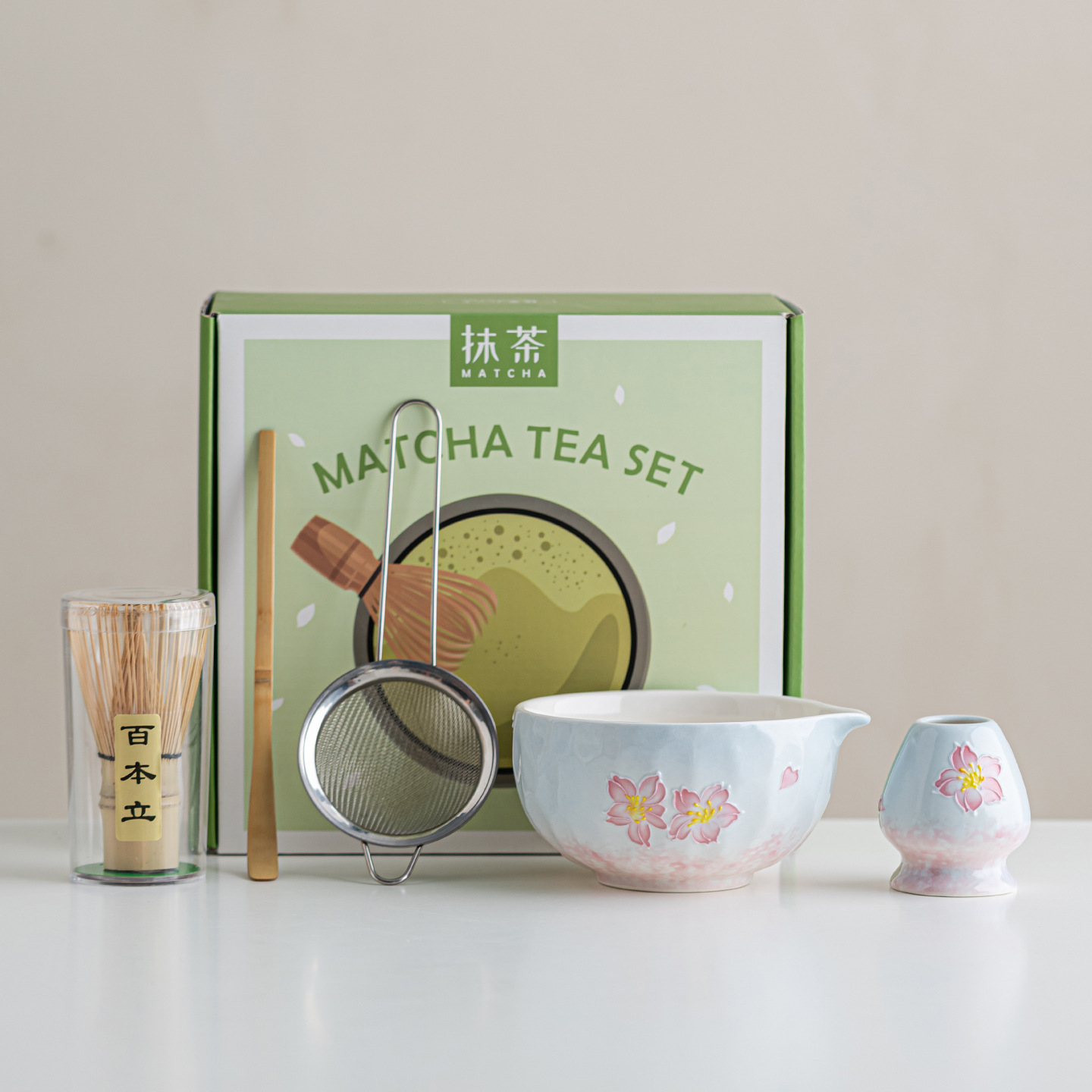 新款跨境手绘樱花陶瓷抹茶碗套餐日式茶刷茶筅百本立茶道工具沙拉