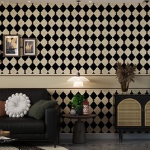 现代黑白菱格美式复古墙纸轻奢风客厅电视背景墙餐厅卧室壁纸墙布