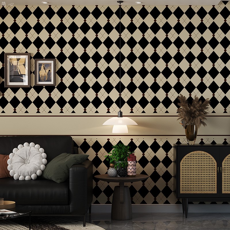 现代黑白菱格美式复古墙纸轻奢风客厅电视背景墙餐厅卧室壁纸墙布