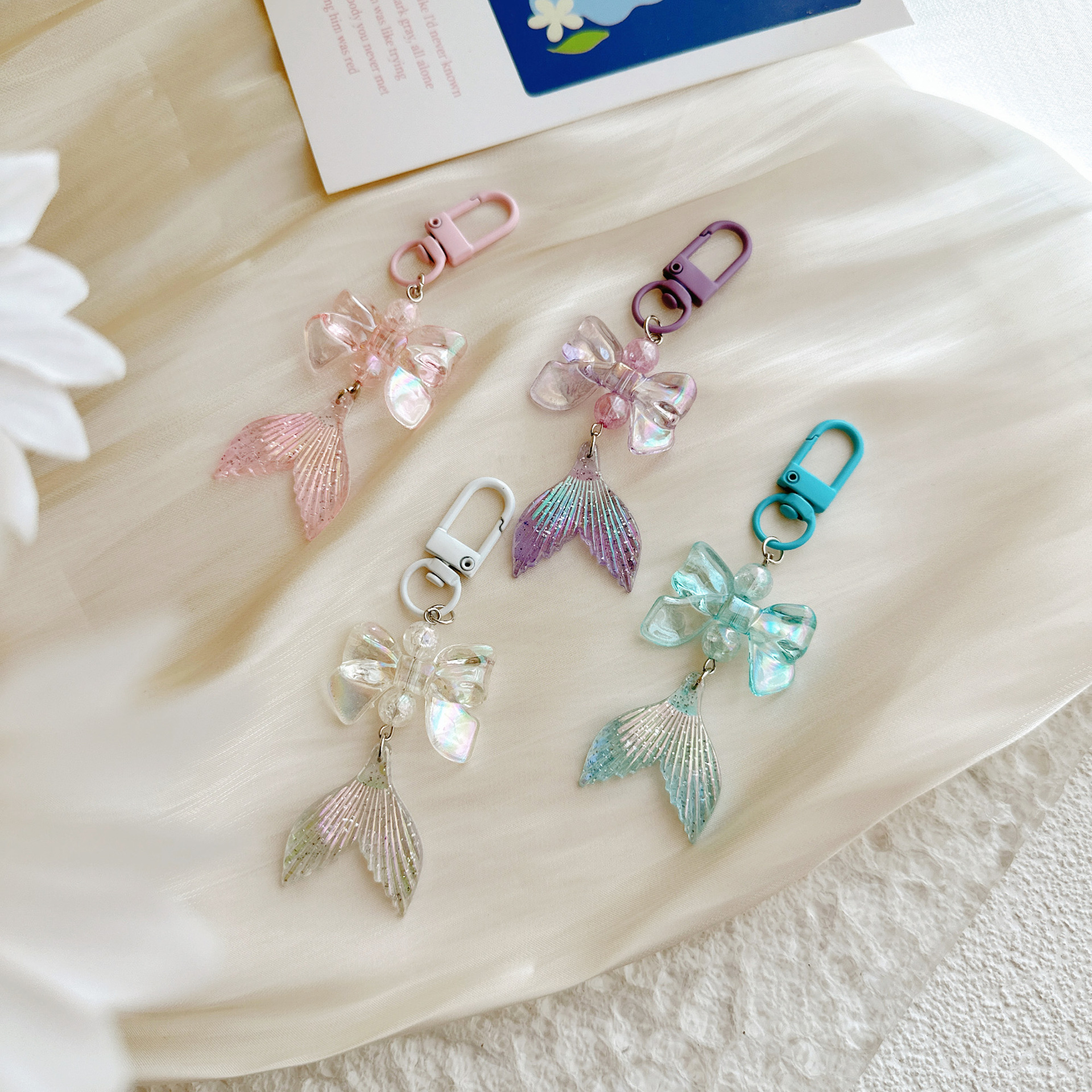 Creative Gift Color Crossing Bow Fine Flash Fishtail Keychain Pendant Mobile Phone Case Decorative Hanging Ornament Bag Small Pendant