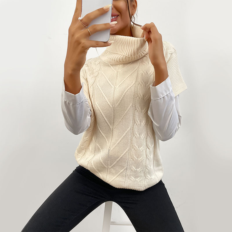 Solid Color Knitted Twist Turtleneck Short Sleeves Sweater Pullover_voghion.com